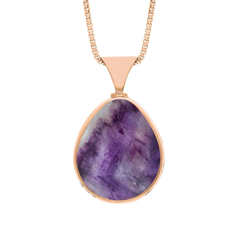 18ct Rose Gold Blue John Mother of Pearl King's Coronation Hallmark Double Sided Pear-shaped Necklace