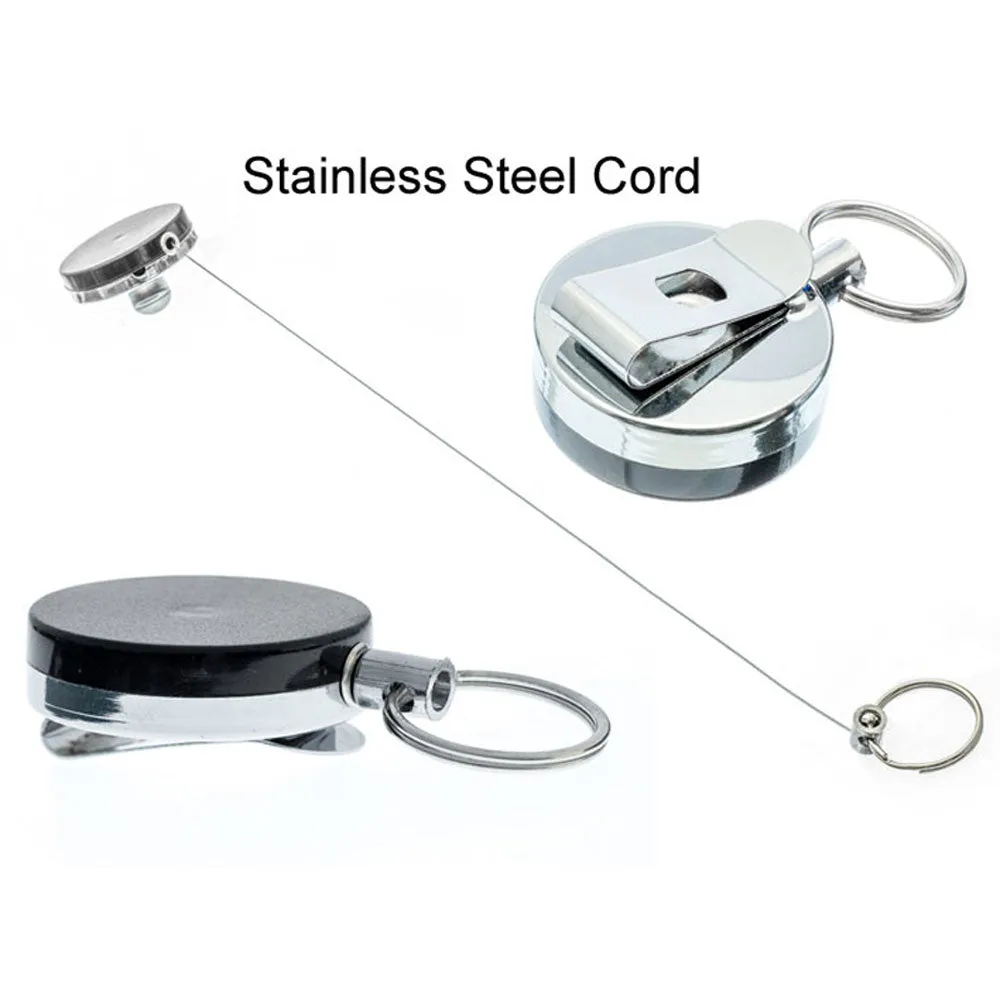 2Pc 1.5" Retractable Reel Key Ring Badge Keychain Chain Pull Metal Recoil Clip