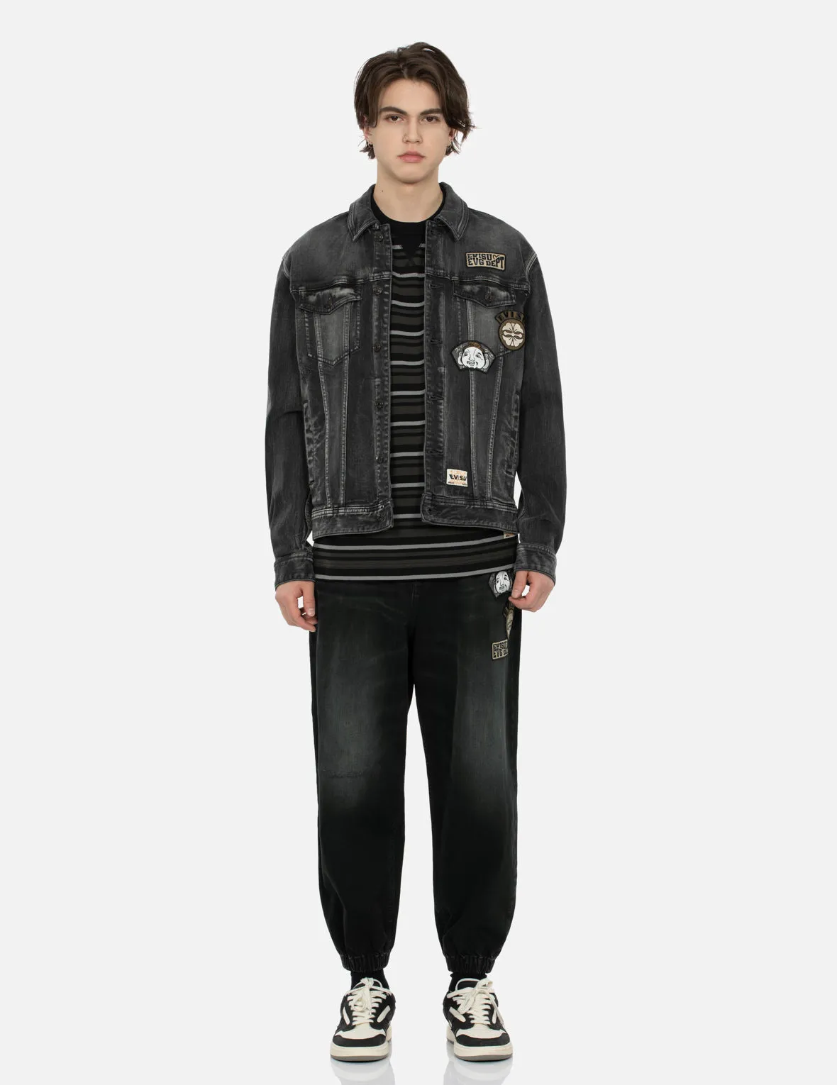 Washed Multiple Badges and Brushstroke Daicock Print Relax Fit Denim Jacket